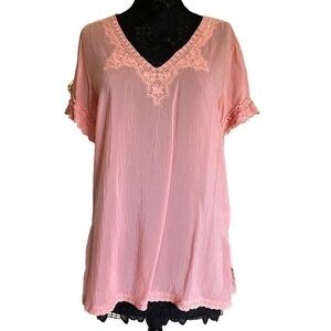 Johnny Was Pastel Peach Orange Silk Embroidered Relaxed Fit Tunic Top Me…